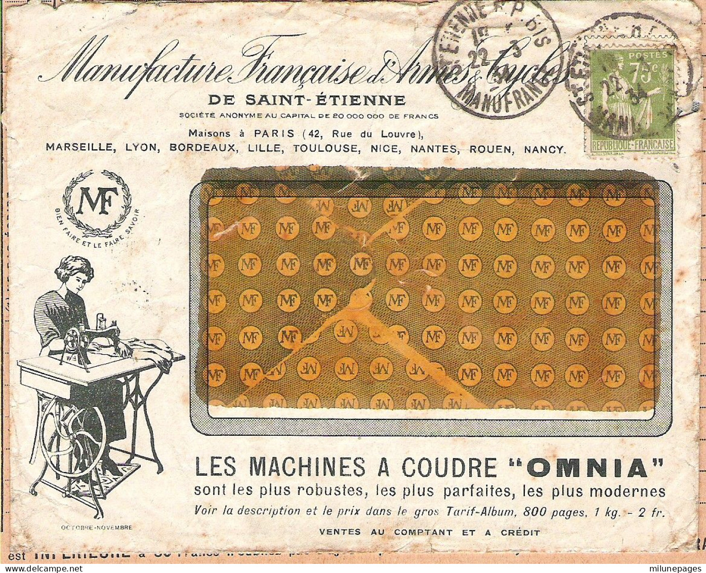 Enveloppe "à La Machine à Coudre Omnia" Et Bon Commande Manufacture Française D'Armes Et Cycles St Etienne 1934 - Sports & Tourisme