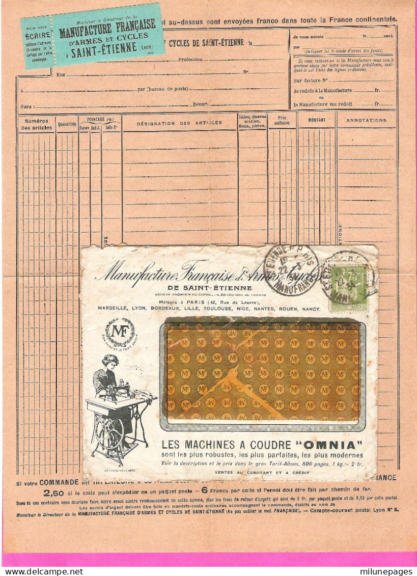 Enveloppe "à La Machine à Coudre Omnia" Et Bon Commande Manufacture Française D'Armes Et Cycles St Etienne 1934 - Sports & Tourisme