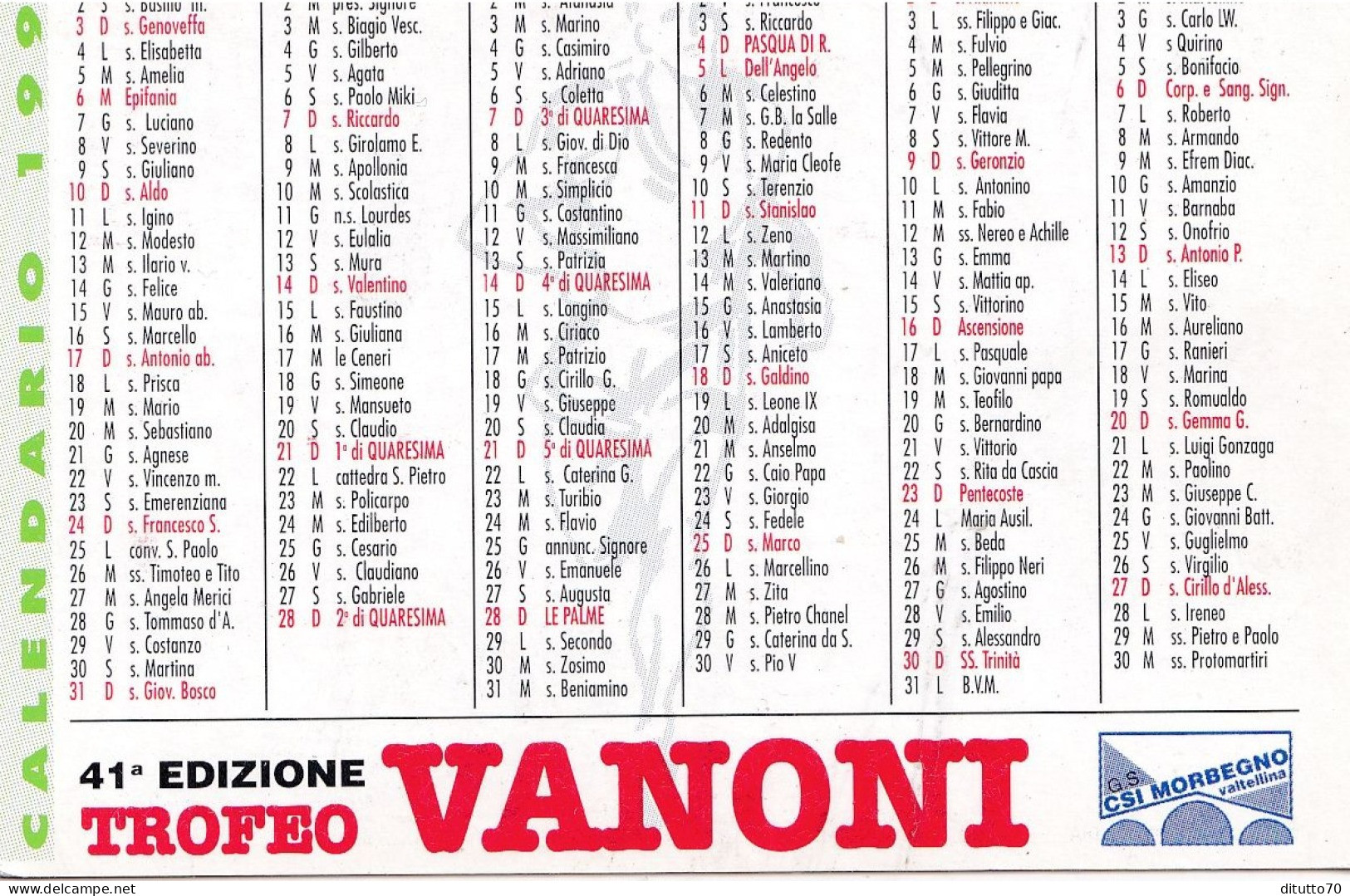 Calendarietto - 41 Edizione Trofeo Vanoni - Anno 1999 - Tamaño Pequeño : 1991-00