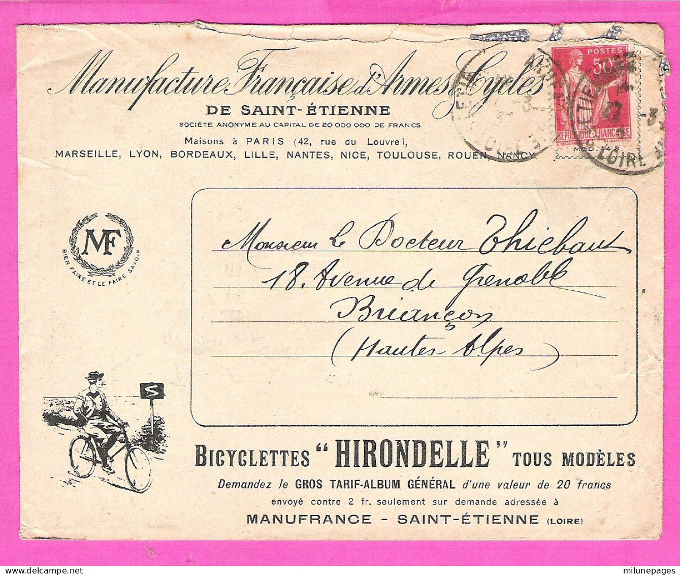 Enveloppe Bicyclettes Hirondelle Beau Temps  Manufacture Française D'Armes Et Cycles St Etienne 1931 - Deportes & Turismo