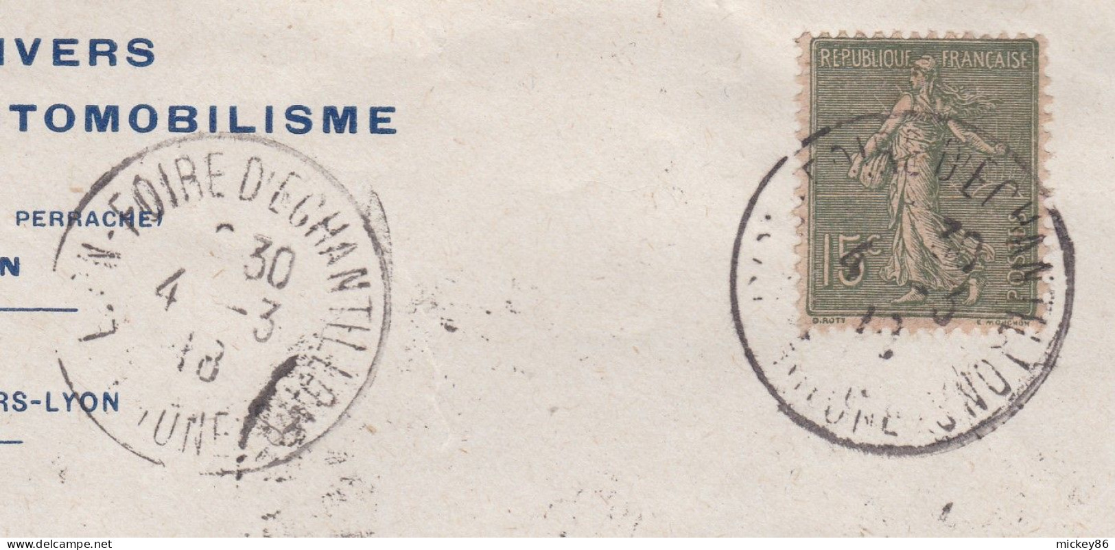 1918-lettre LYON à PERPIGNAN-66, Type Semeuse Lignée,cachet Foire D'échantillon-4-3-18-pub Hôtel Univers & Automobilisme - 1877-1920: Periodo Semi Moderno