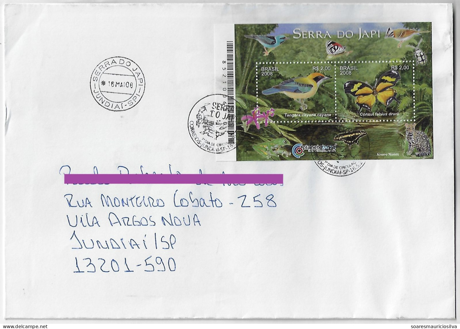 Brazil 2008 Cover Jundiaí Souvenir Sheet Serra Do Japi Commemorative Cancel Fauna Flora Bird Butterfly Frog Wild Cat Bug - Covers & Documents