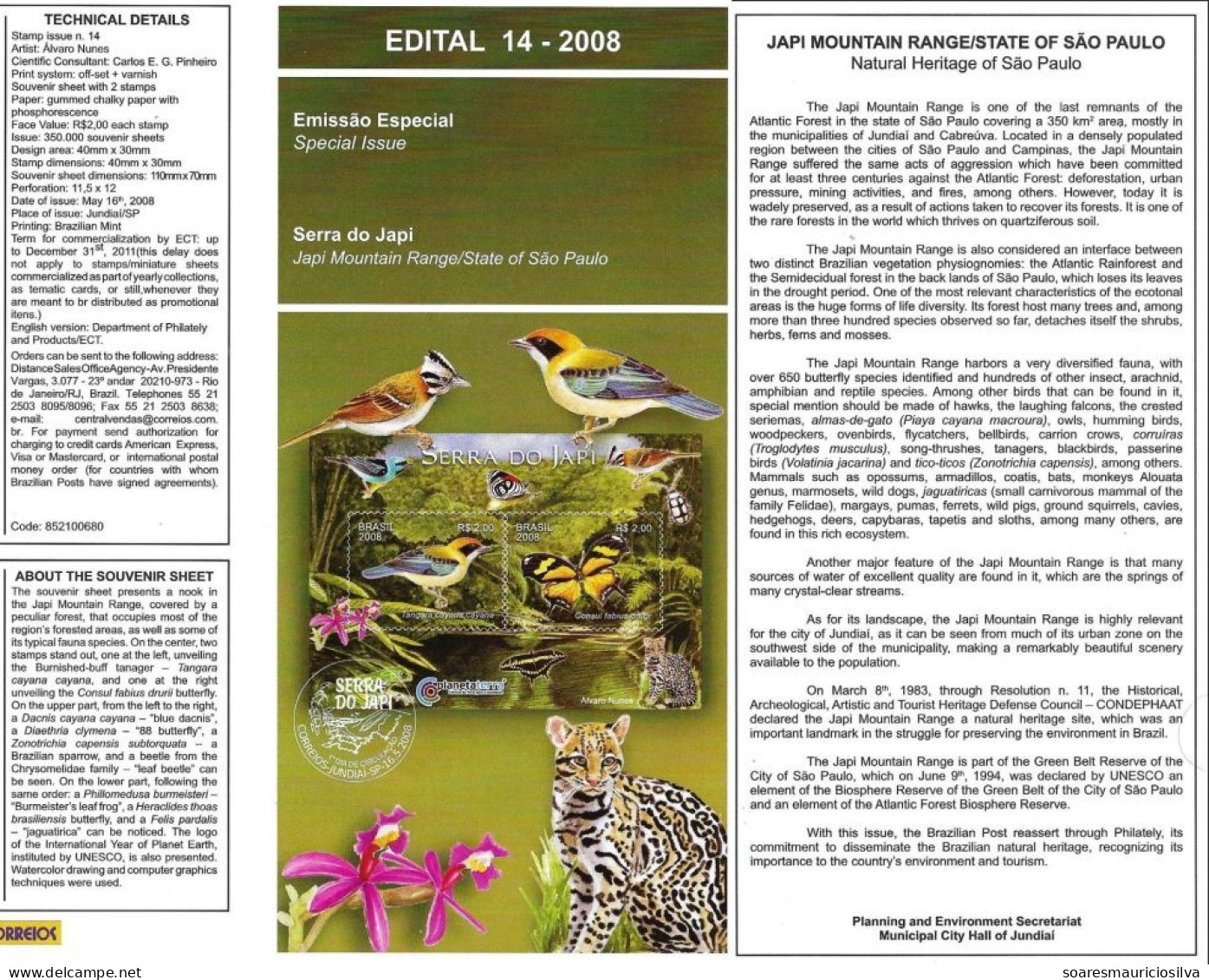 Brazil 2008 Cover Jundiaí Souvenir Sheet Serra Do Japi Commemorative Cancel Fauna Flora Bird Butterfly Frog Wild Cat Bug - Lettres & Documents
