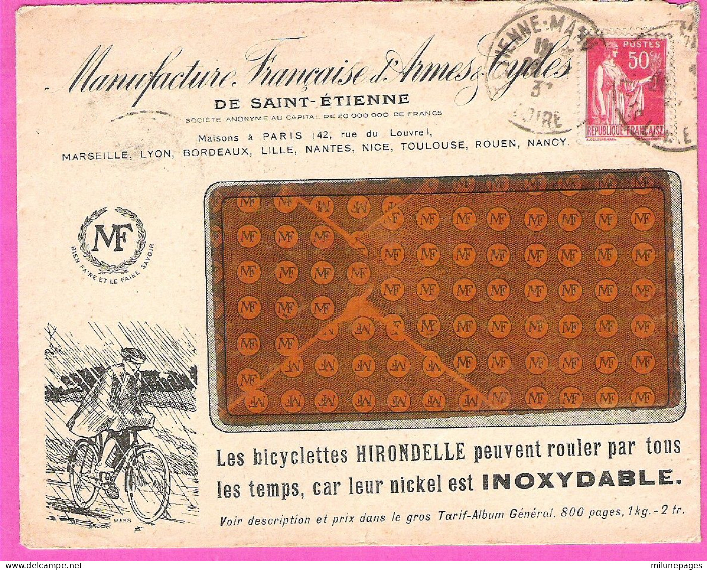 Enveloppe Bicyclettes Hirondelle Temps Pluvieux Manufacture Française D'Armes Et Cycles St Etienne 1931 - Sport & Turismo