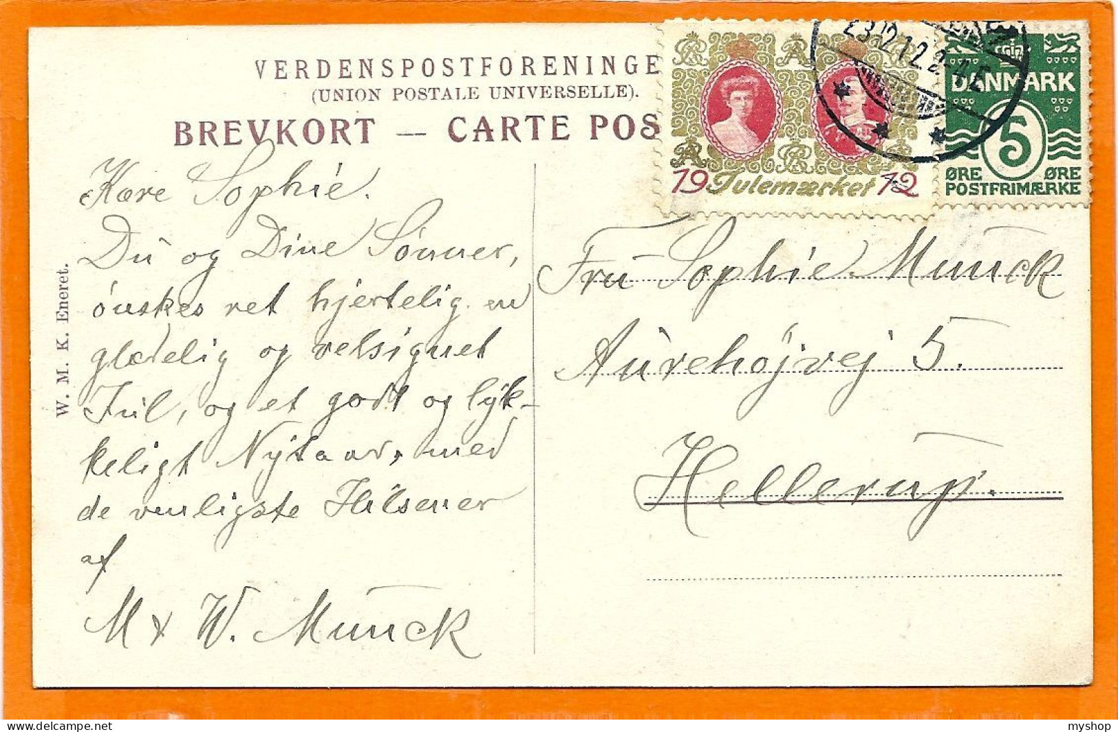 DK127_ *   FREDERICIA  BÜLOWS MONUMENT * SENDT Med X-MAS STAMP 1912 - Danemark