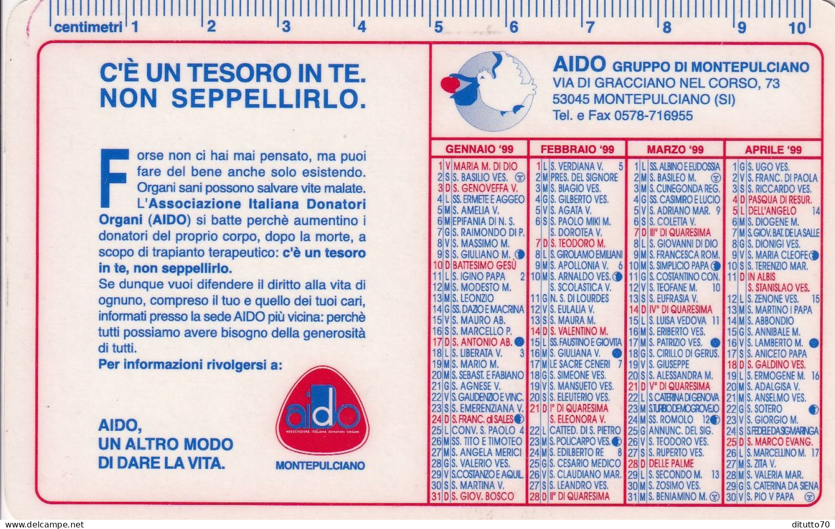 Calendarietto - AIDO - Gruppo Di Montepulciano - Siena - Anno 1999 - Petit Format : 1991-00