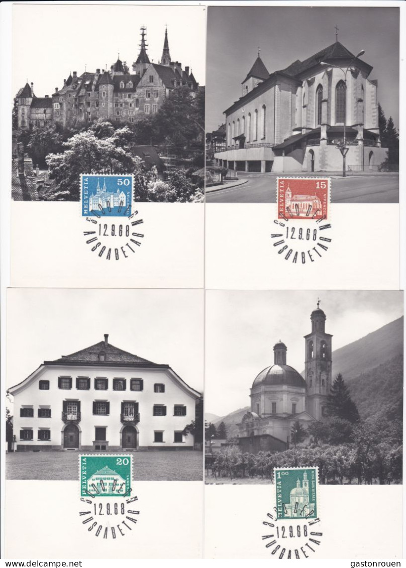 Carte Maximum Suisse Helvetia 1968 Villages 4 Cartes Samedan Appenzell Neufchatel Riva San Vitale - Cartes-Maximum (CM)