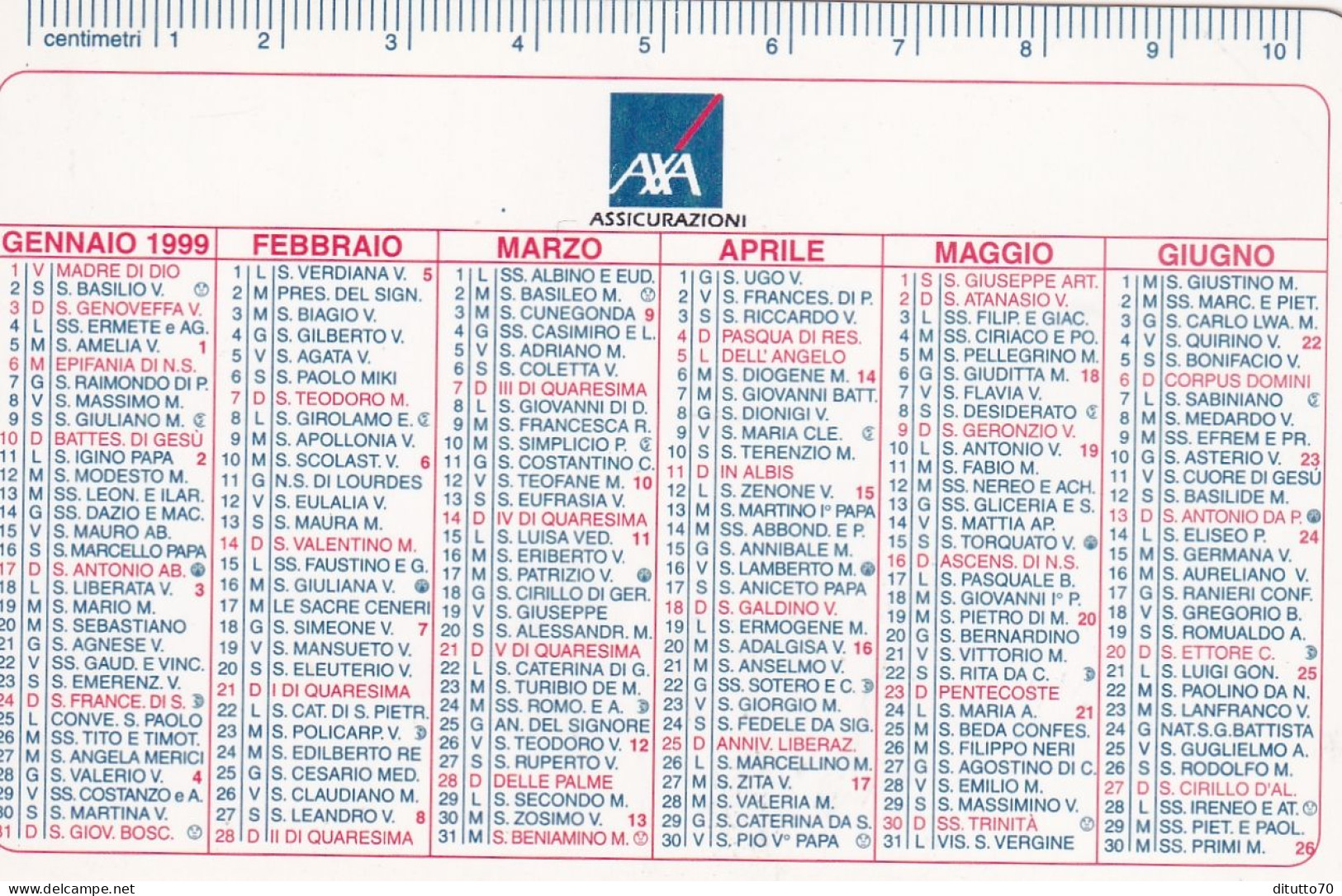 Calendarietto - AXA - Assicurazioni - Anno 1999 - Tamaño Pequeño : 1991-00