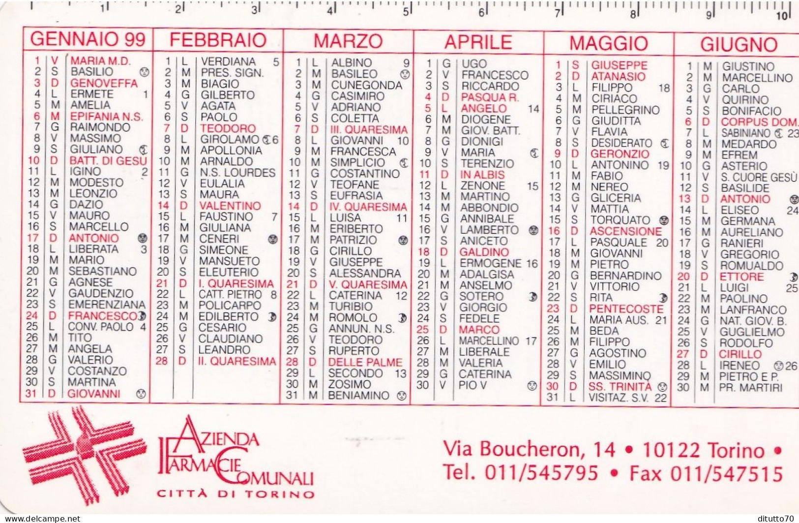 Calendarietto - Aziende Farmacie Comunali Torino - Anno 1999 - Tamaño Pequeño : 1991-00