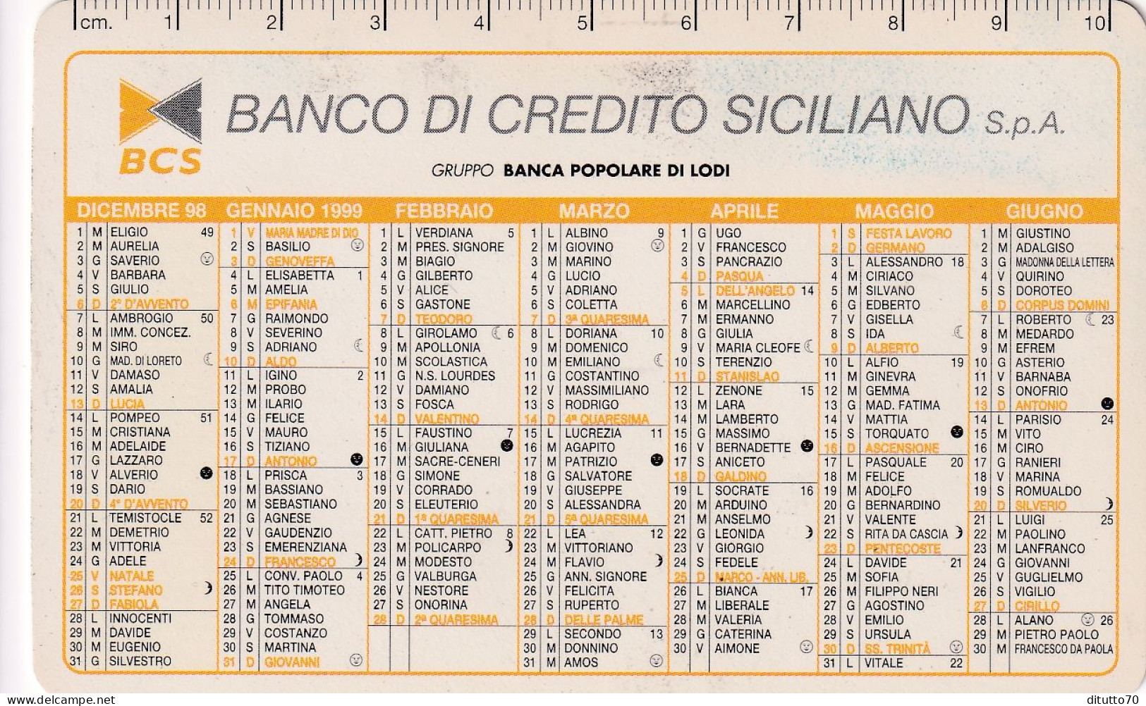 Calendarietto - Banco Di Credito Siciliano - Anno 1999 - Kleinformat : 1991-00