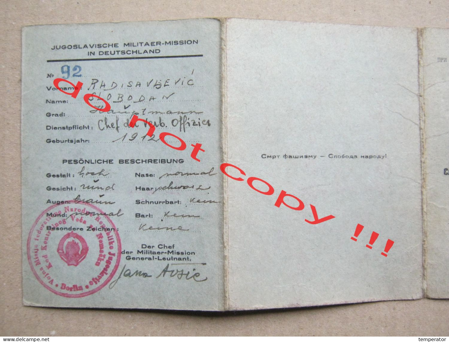 Military Identification Card / YUGOSLAV MILITARY MISSION IN GERMANY ( Berlin ) + Drawing / Nürnberg, 1942. RARE - 1939-45