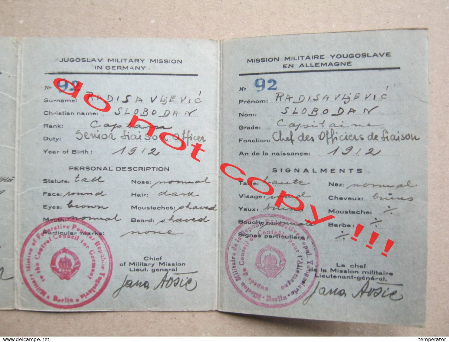 Military Identification card / YUGOSLAV MILITARY MISSION IN GERMANY ( Berlin ) + drawing / Nürnberg, 1942. RARE