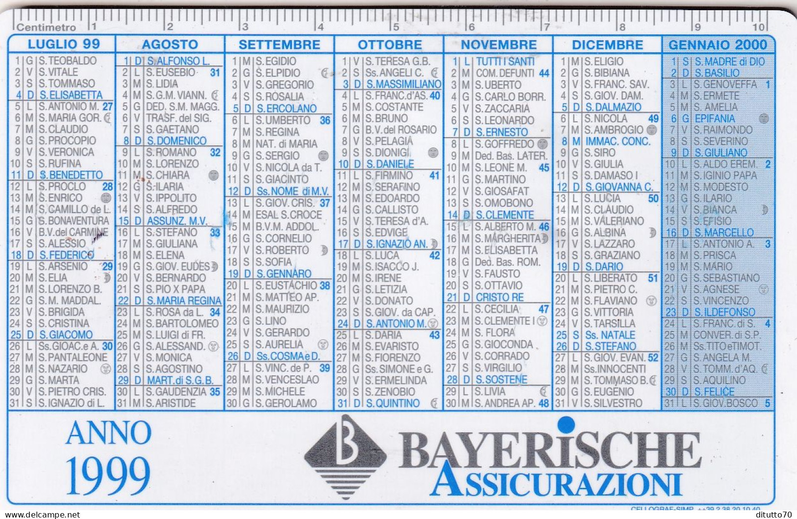 Calendarietto - Bayerische Assicurazioni - Anno 1999 - Tamaño Pequeño : 1991-00