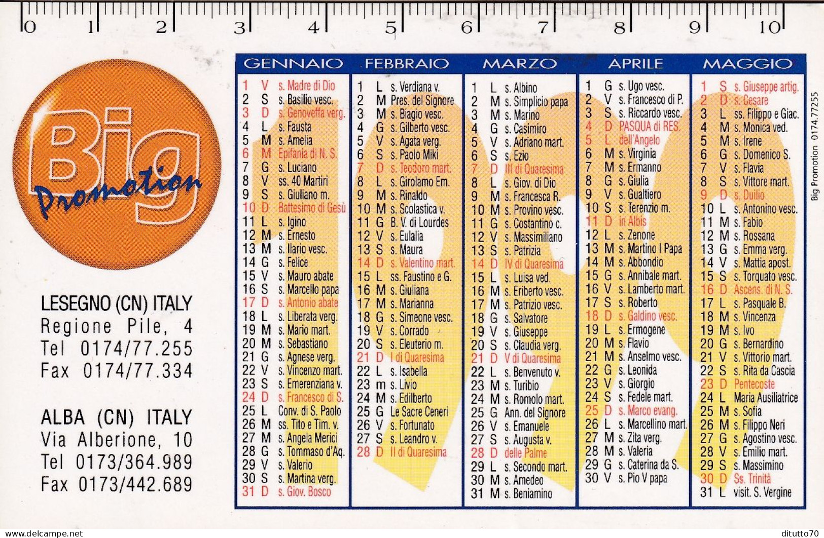 Calendarietto - Big Promotion - Anno 1999 - Formato Piccolo : 1991-00