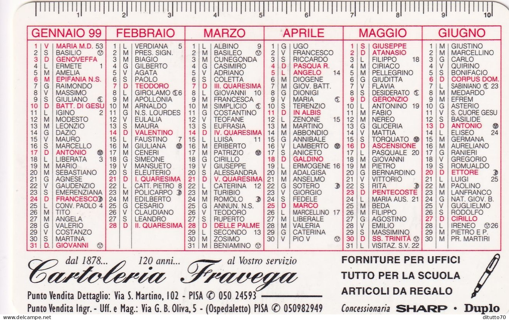 Calendarietto - Cartoleria Frravega - Ospedaletto - Pisa - Anno 1999 - Formato Piccolo : 1991-00