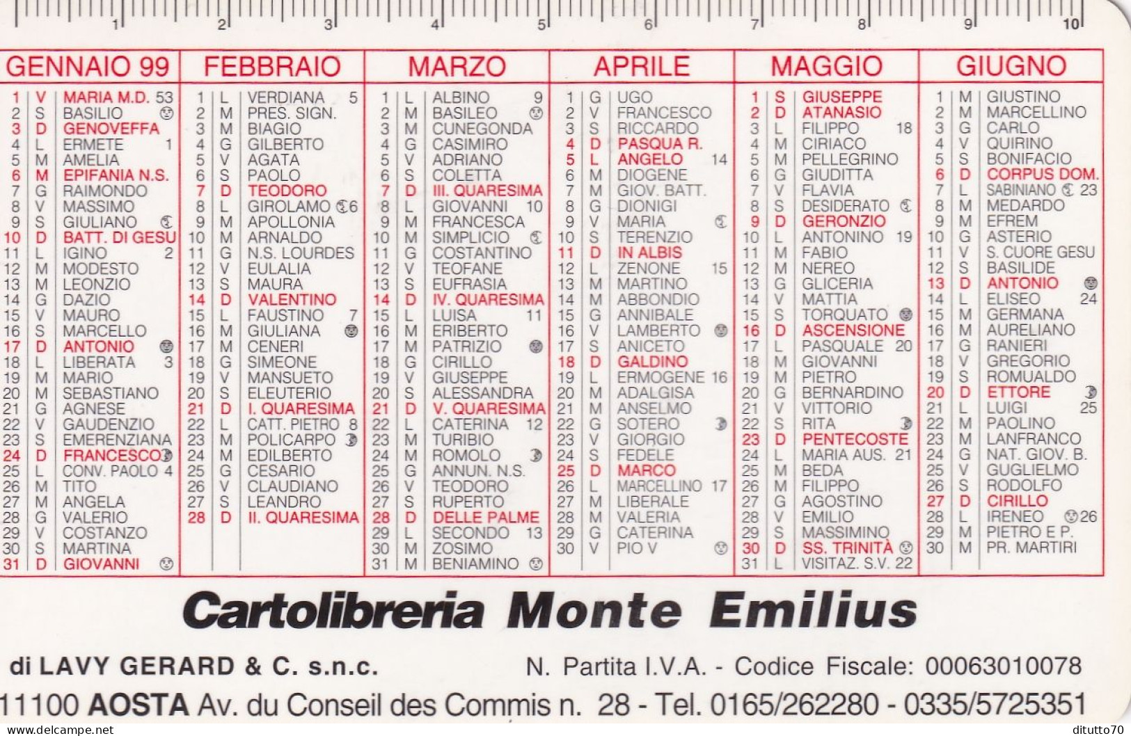 Calendarietto - Cartolibreria Monte Emilius - Aosta - Anno 1999 - Klein Formaat: 1991-00