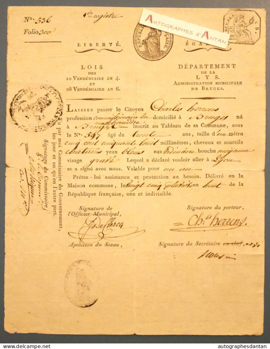 ● AN 8 Département De La LYS Laissez Passer > Citoyen HERRENS De BRUGES - Maison Commune - Belgique Brugge Révolution - Historical Documents