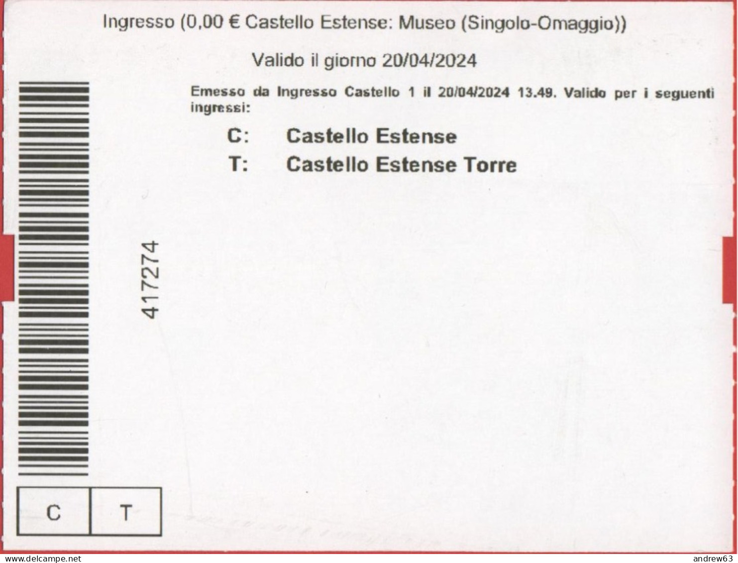 ITALIA - FERRARA - Castello Estense - Biglietto D'Ingresso Gratuito - Usato - Tickets - Vouchers