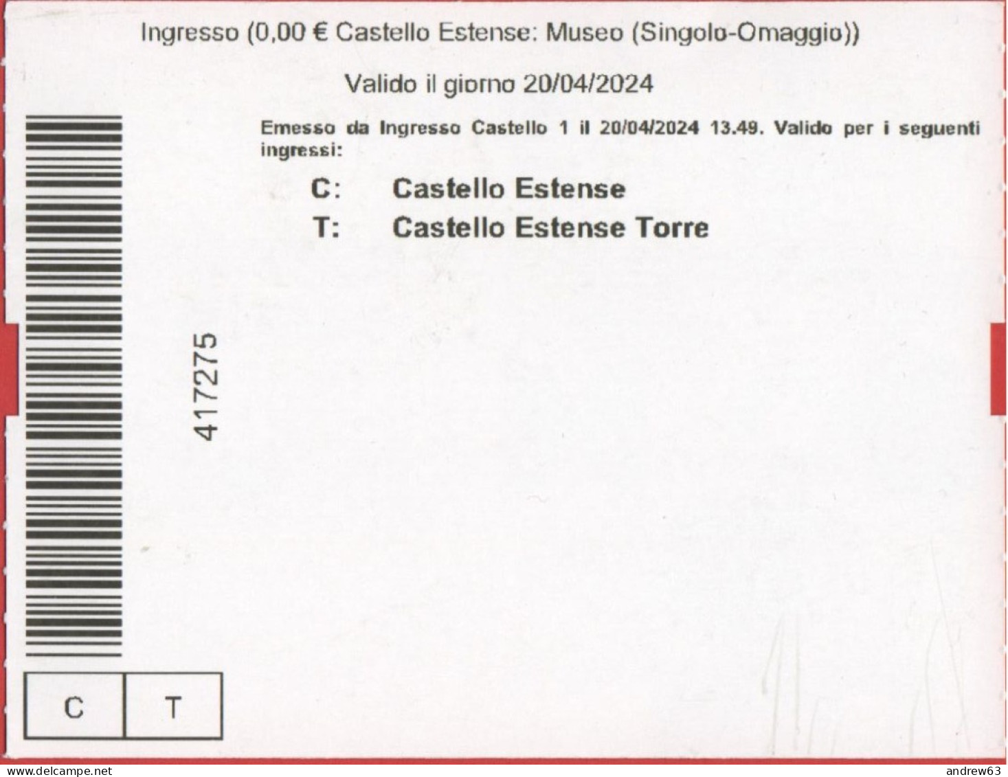 ITALIA - FERRARA - Castello Estense - Biglietto D'Ingresso Gratuito - Usato - Tickets - Entradas