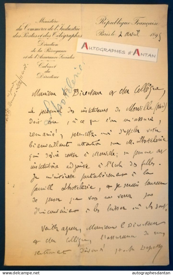 ● L.A.S 1895 Hector DEPASSE Chef Cab. Eugène Spuller - Instituteurs De MERVILLE Nord - Lhotelerie- Né Armentières lettre - Politisch Und Militärisch