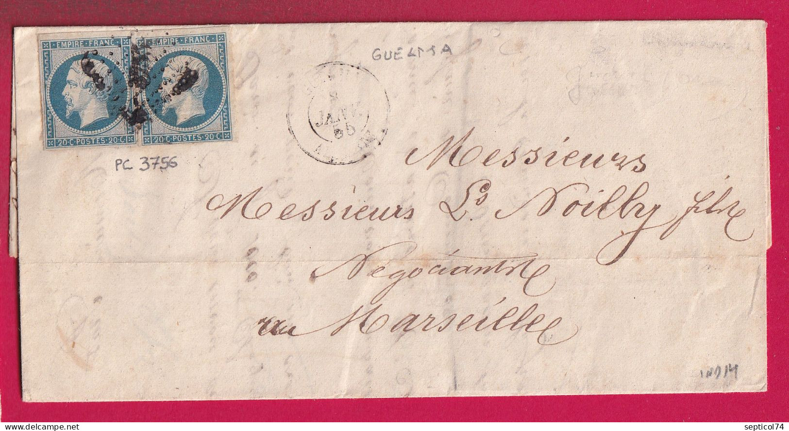 N°14 X2 BLEU LAITEUX PC 3756 GUELMA ALGERIE INDICE 14 POUR MARSEILLE LETTRE - 1849-1876: Période Classique