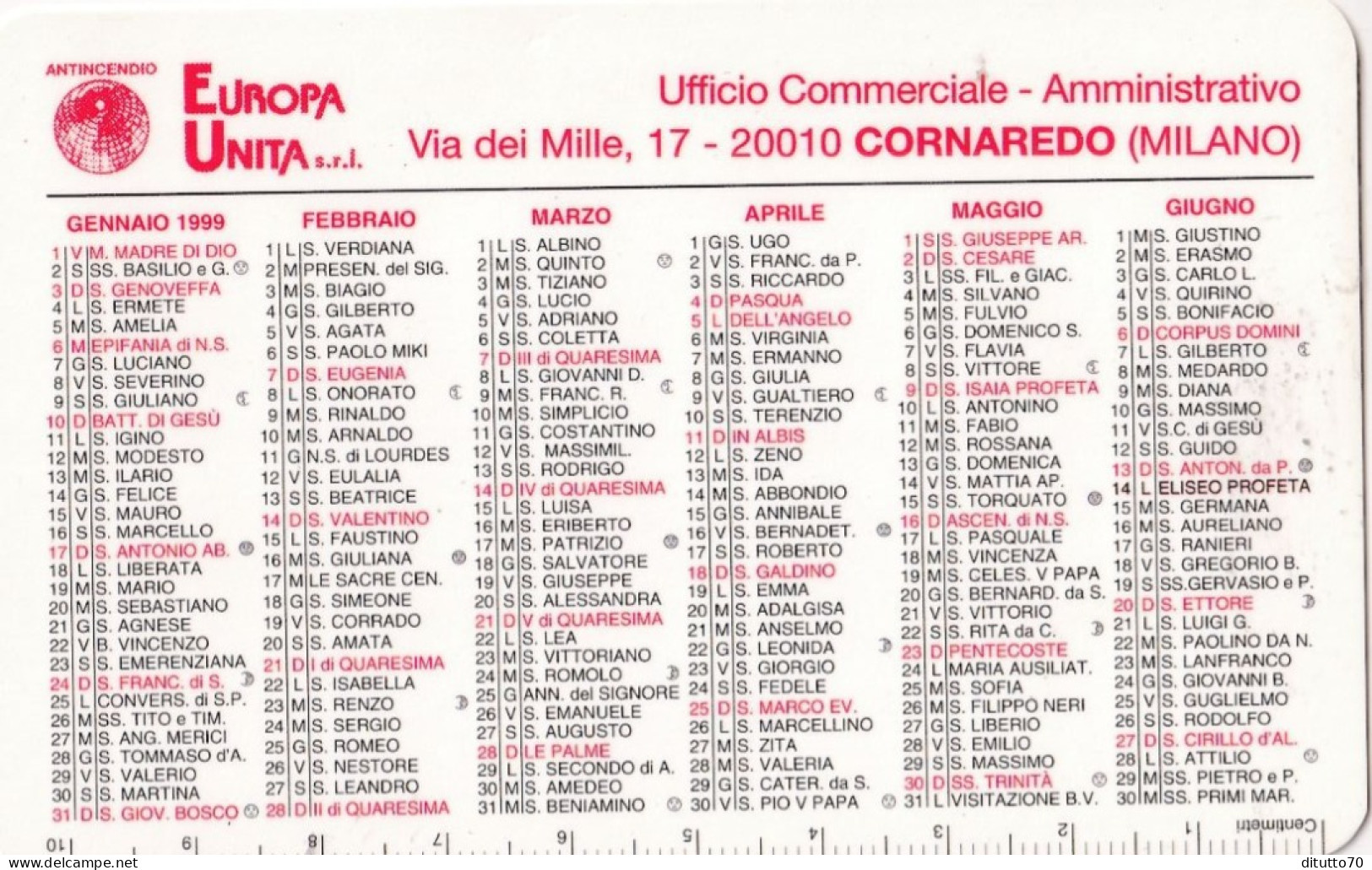 Calendarietto - Europa Unita - Cornaredo - Milano - Anno 1999 - Formato Piccolo : 1991-00