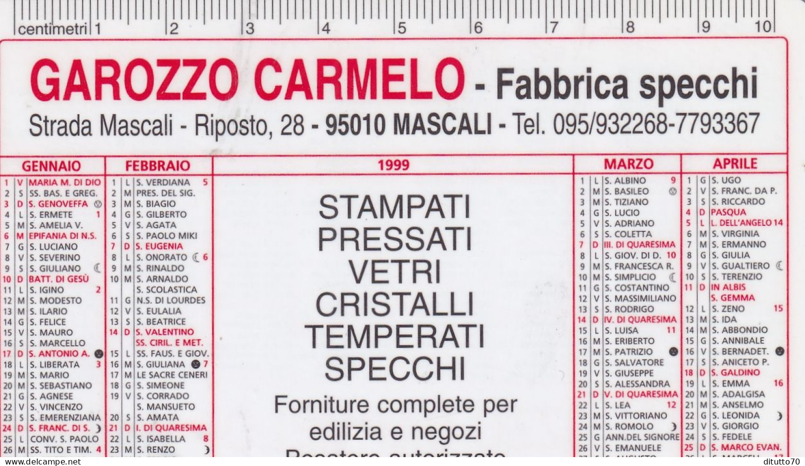 Calendarietto - Fabbrica Specchi - Garozzo Carmelo - Mascali - Anno 1999 - Small : 1991-00