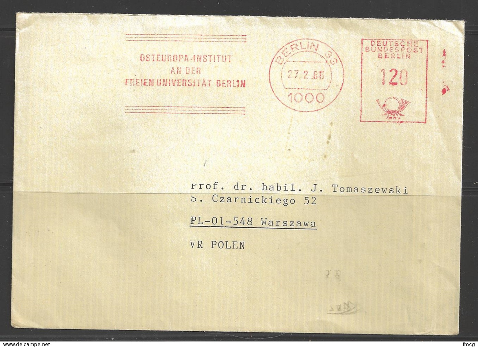 1985 Berlin (27.2.85) Freien University Slogan Meter To Poland - Storia Postale