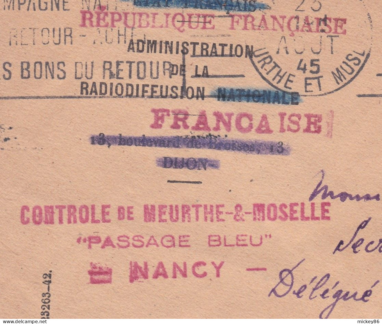 1945--lettre Franchise  NANCY-54  à MAXEVILLE-54,cachet 23-8-45-griffes Radiodiffusion Française-Contrôle Meu & Moselle - 1921-1960: Période Moderne