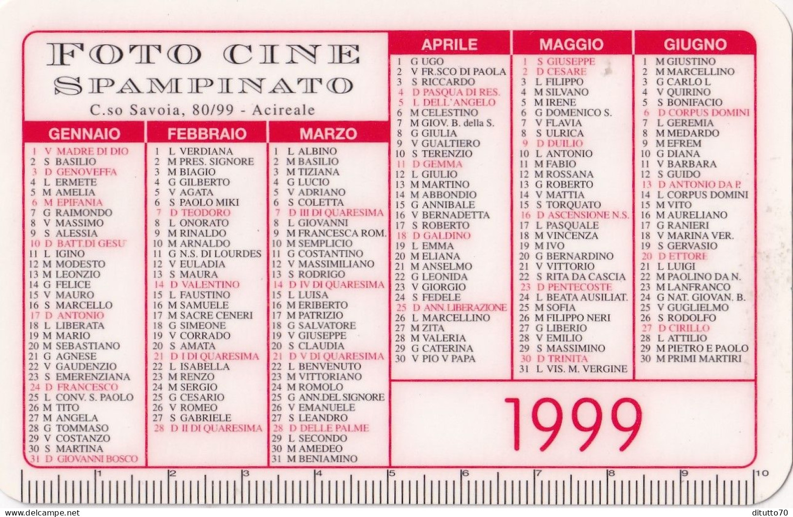 Calendarietto - Foto Cine - Spampinato - Acireale - Anno 1999 - Formato Piccolo : 1991-00