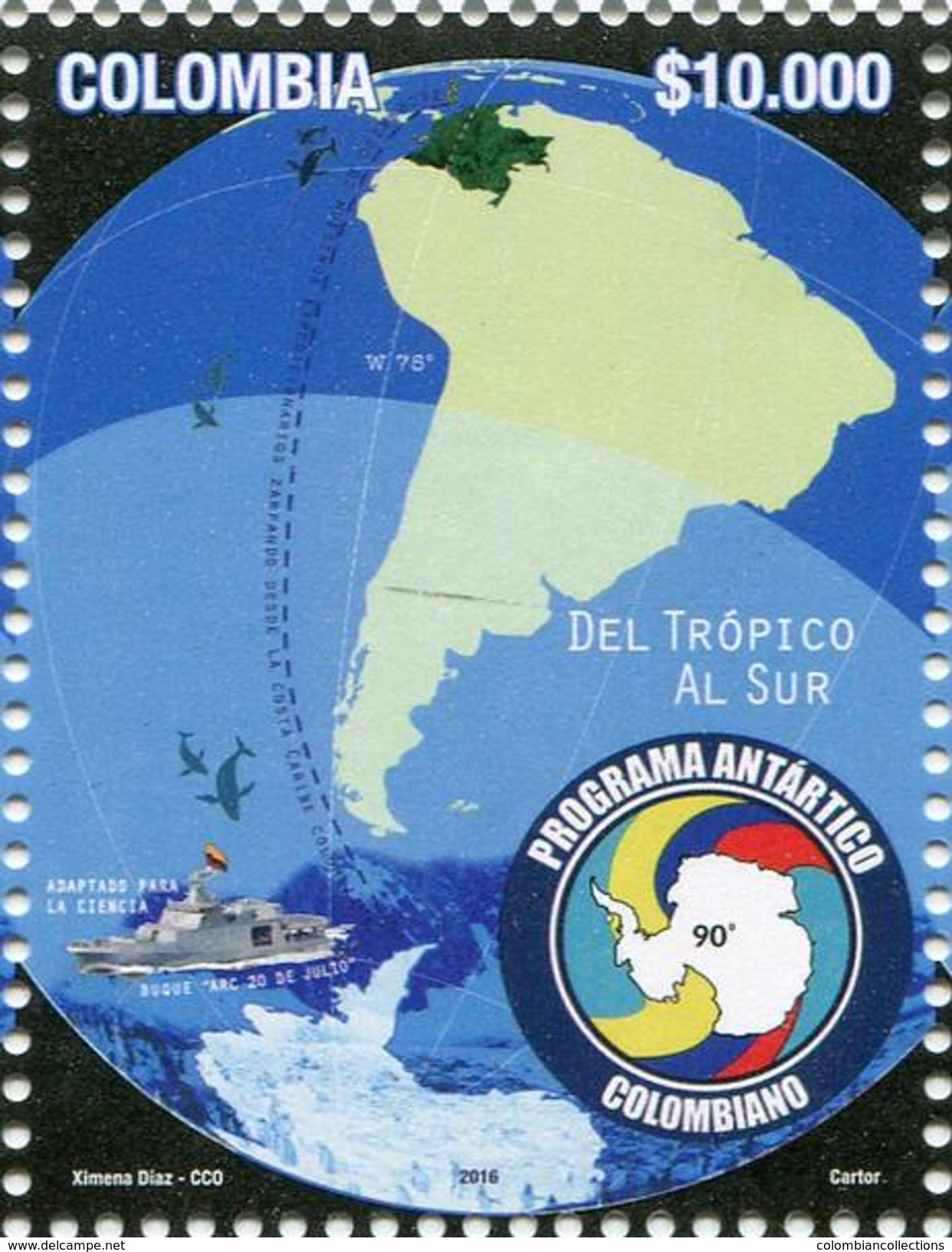 Lote 2016-14, Colombia, 2016, Sello, Stamp, Programa Antartico Colombiano, Antarctica, Boat, Penguin - Colombie