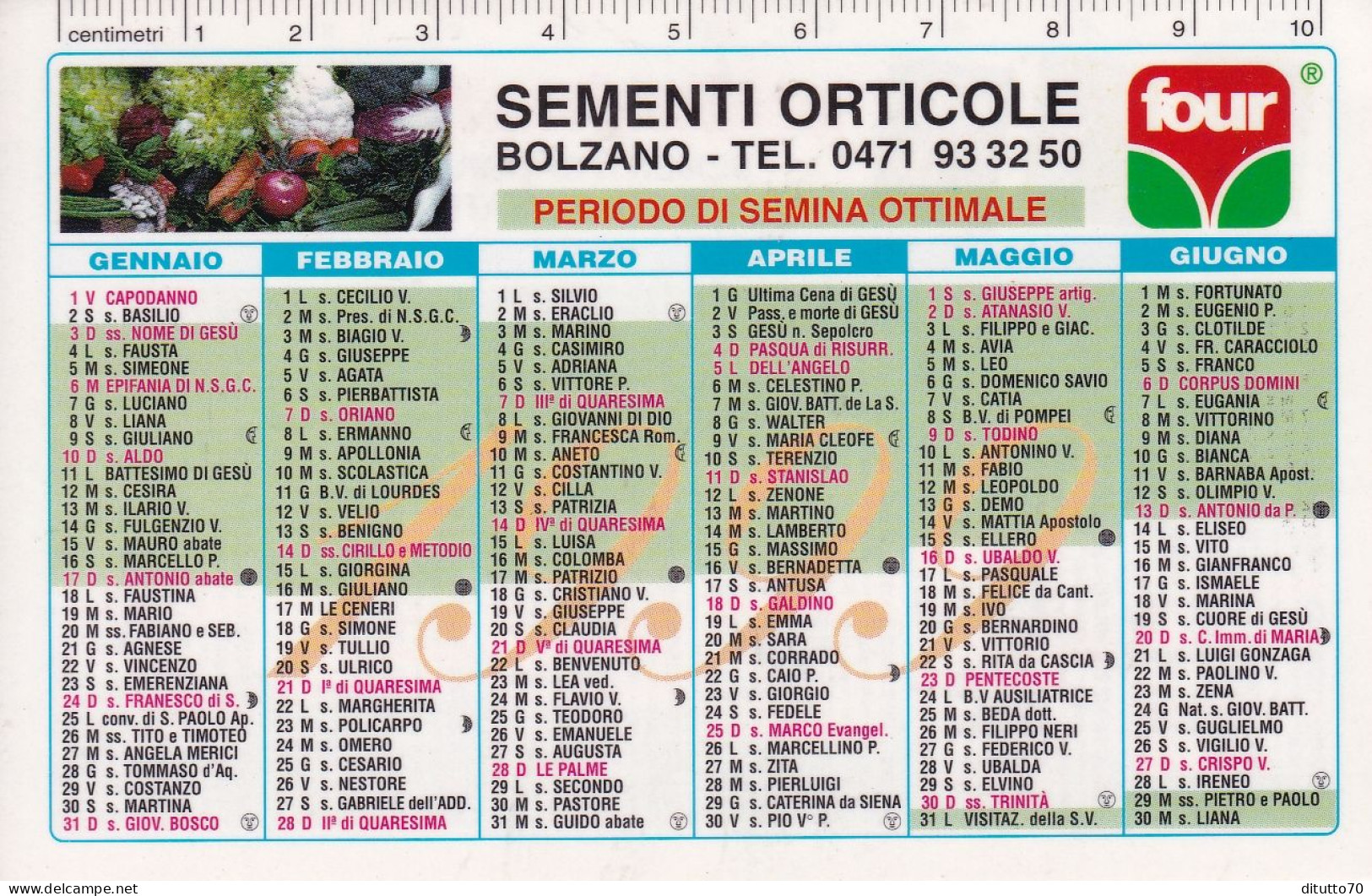 Calendarietto - FOUR - Sementi Orticole - Bolzano - Anno 1999 - Kleinformat : 1991-00