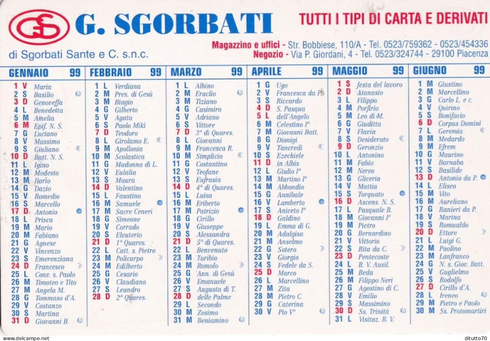 Calendarietto - G.sgorbati - Piacenza - Anno 1999 - Tamaño Pequeño : 1991-00