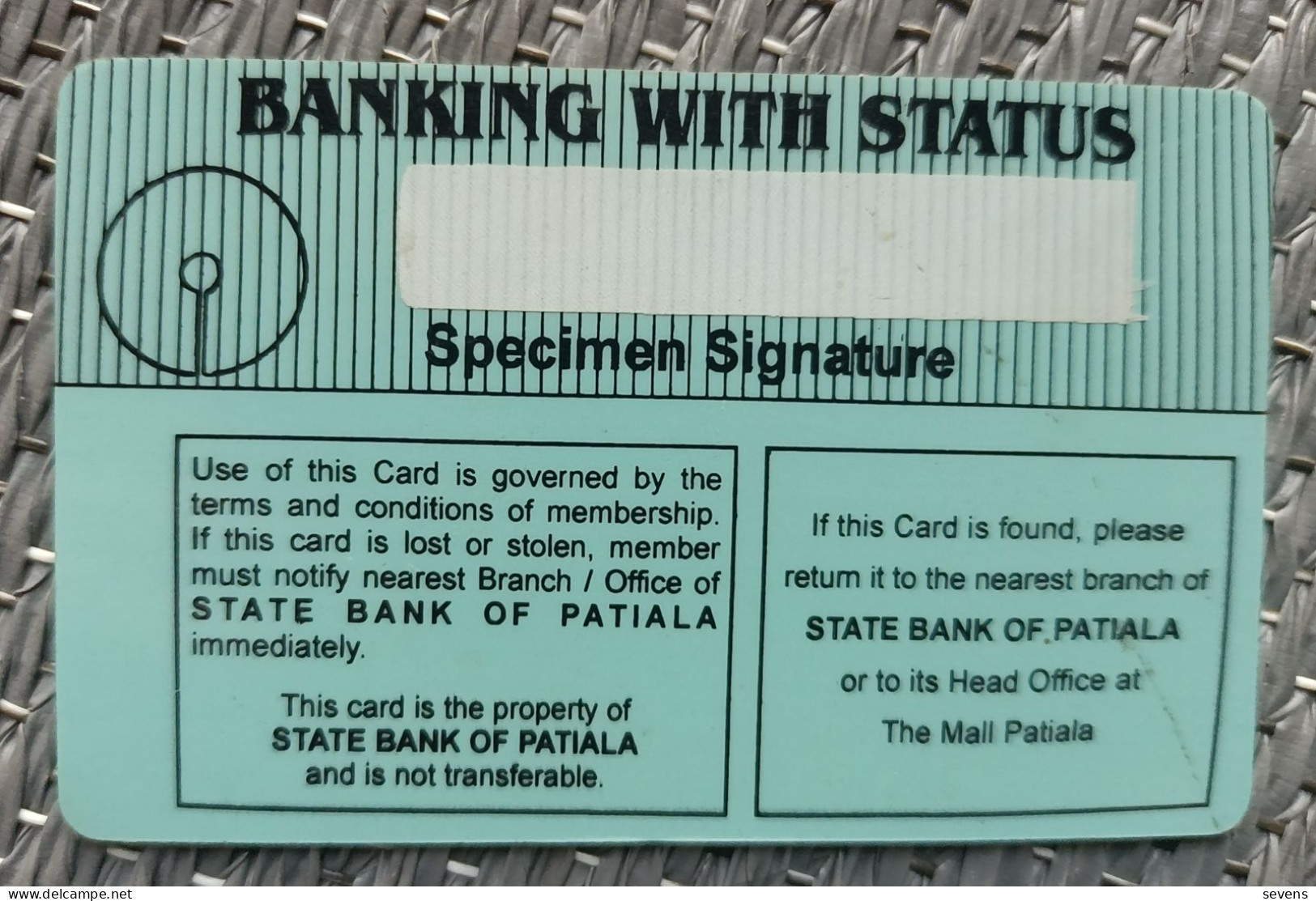 State Bank Of Patiala Cash Chip Card,Specimen - India