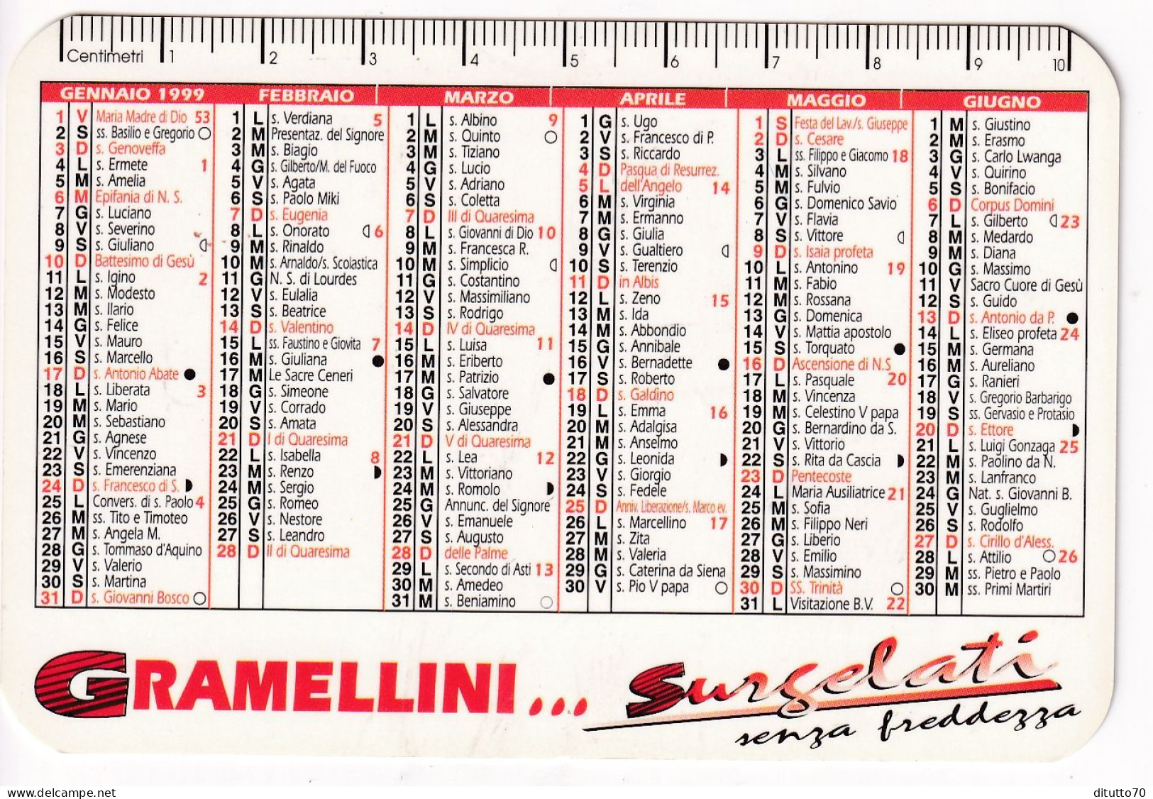 Calendarietto - Gramellini - Surgelati - Anno 1999 - Formato Piccolo : 1991-00