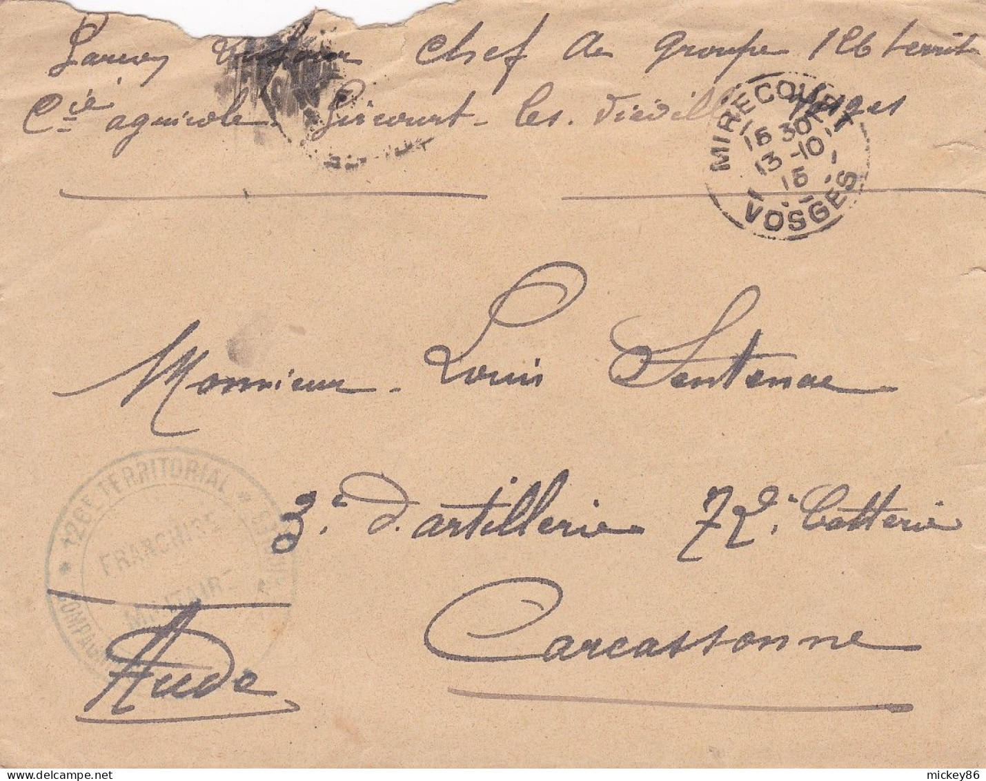 1915--lettre F.M De MIRECOURT-88 à CARCASSONNE-11,cachet Du 13-10-15 + Cachet Militaire 126° Territorial - Guerre De 1914-18