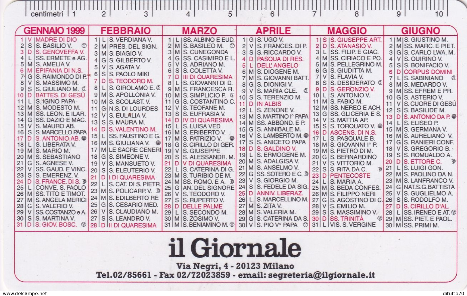 Calendarietto - Il Giornale - Milano - Anno 1999 - Klein Formaat: 1991-00