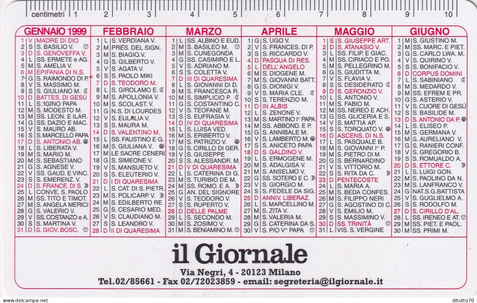 Calendarietto - Il Giornale - Milano - Anno 1999 - Petit Format : 1991-00