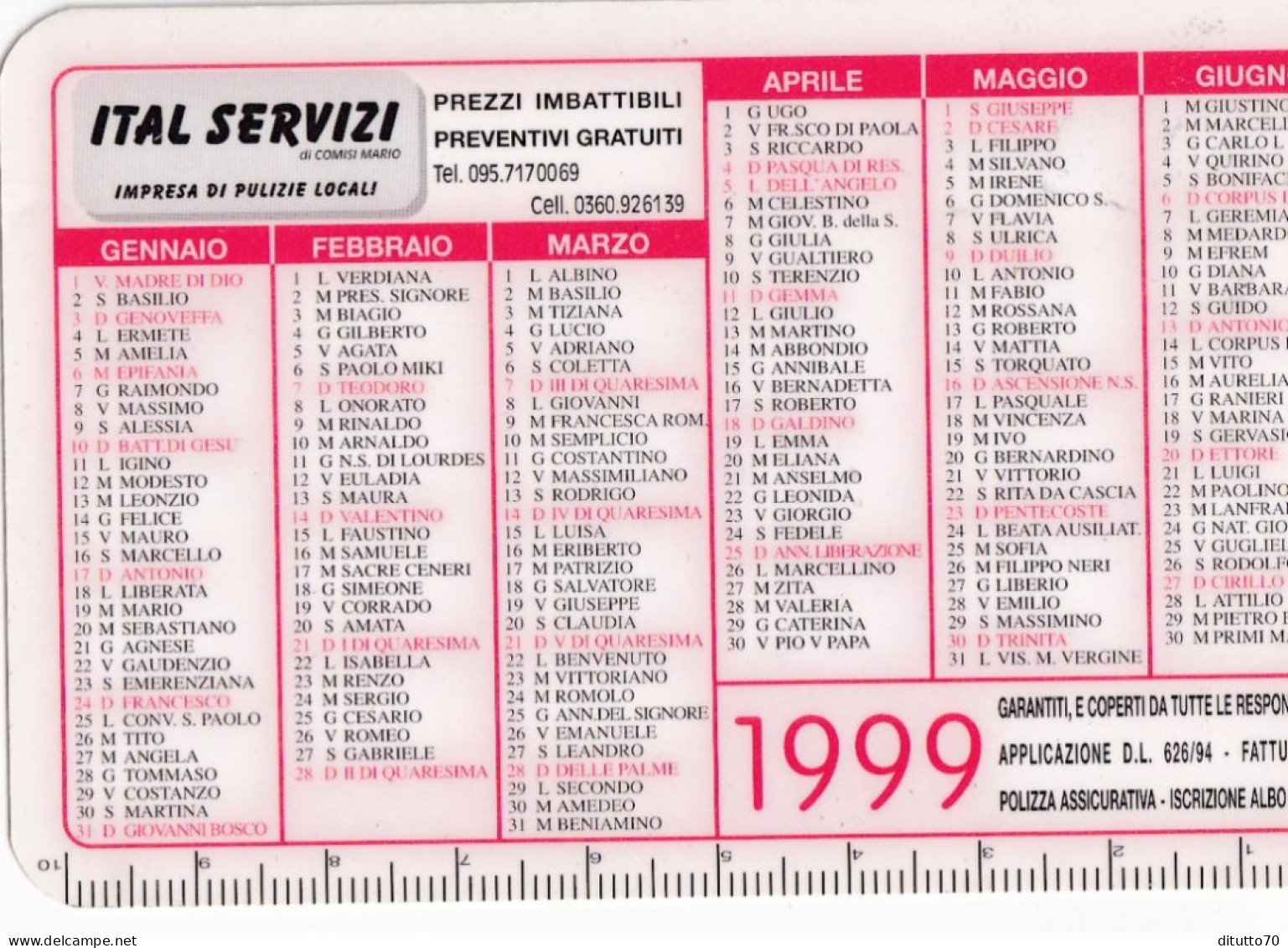 Calendarietto - ITAL SERVIZI - Anno 1999 - Petit Format : 1991-00