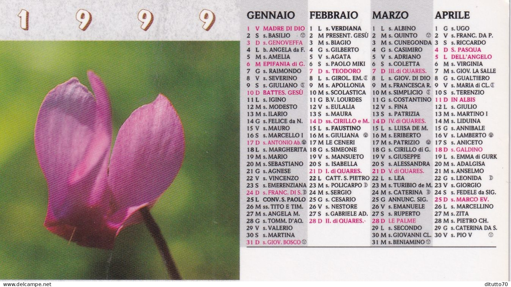 Calendarietto - La Vita è Belleza - Ammirea - Teresa Di Calcutta - Anno 1999 - Tamaño Pequeño : 1991-00