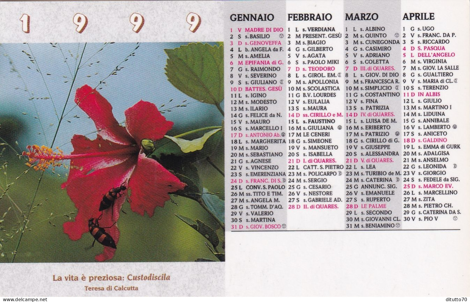 Calendarietto - La Vita è Preziosa - Custodiscila - Teresa Di Calcutta - Anno 1999 - Small : 1991-00