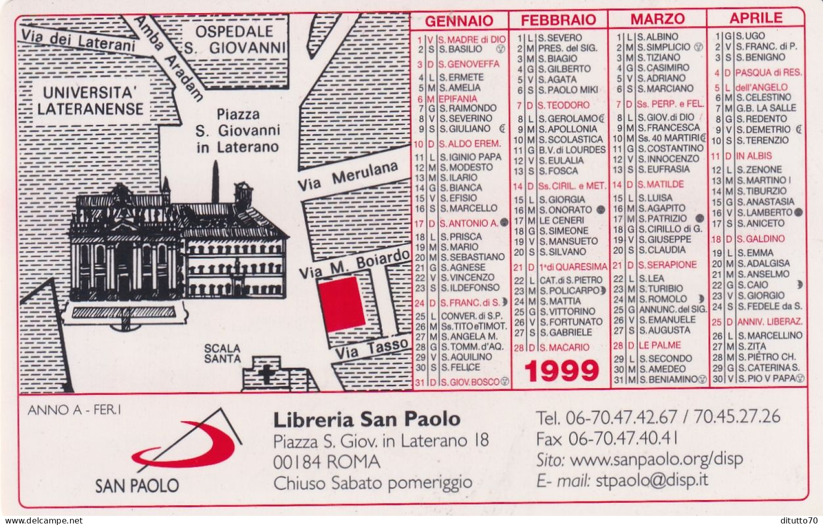 Calendarietto - Libreria San Paolo - Roma - Anno 1999 - Formato Piccolo : 1991-00