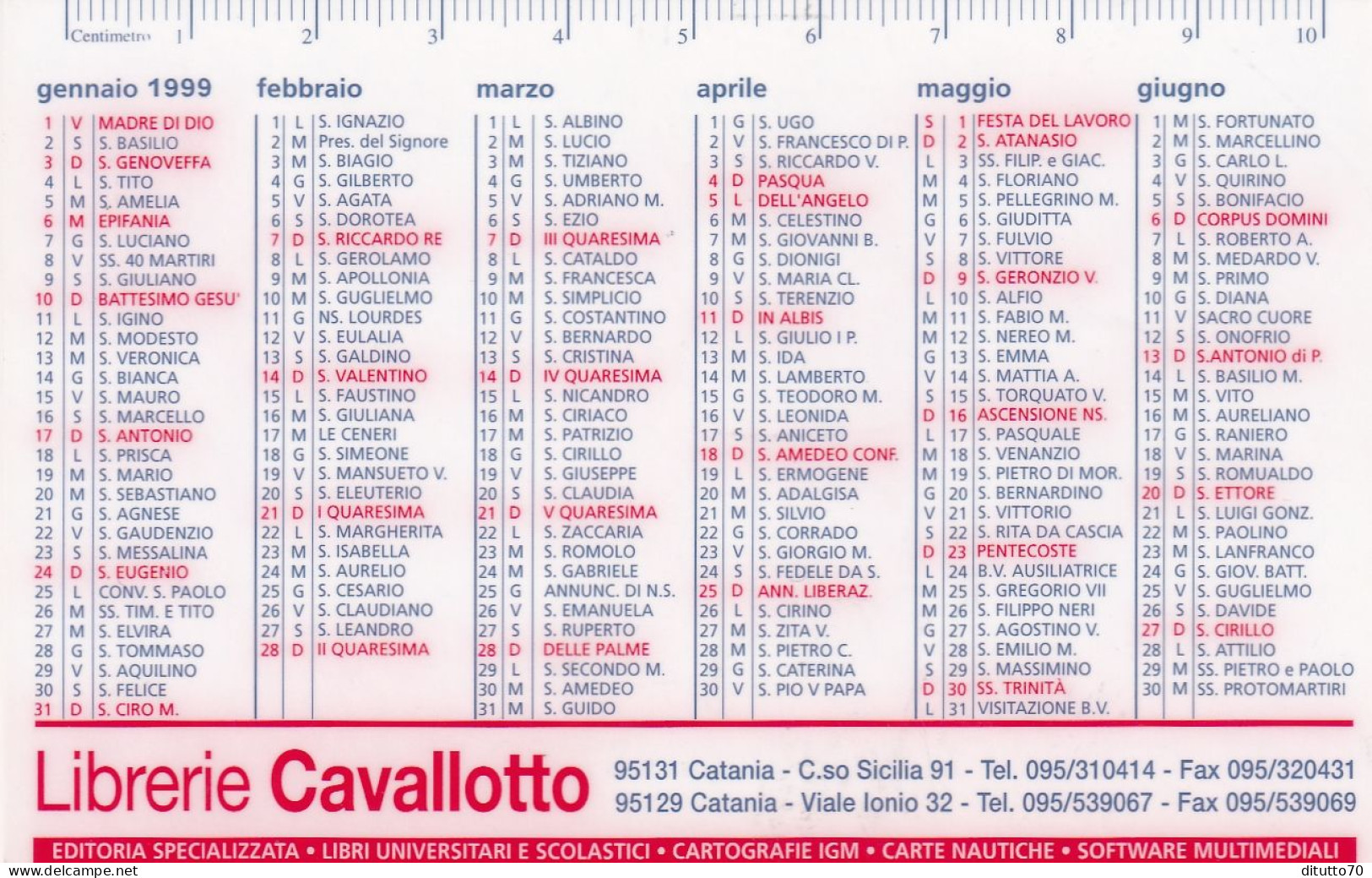 Calendarietto - Librerie Cavallotto - Catania - Anno 1999 - Formato Piccolo : 1991-00