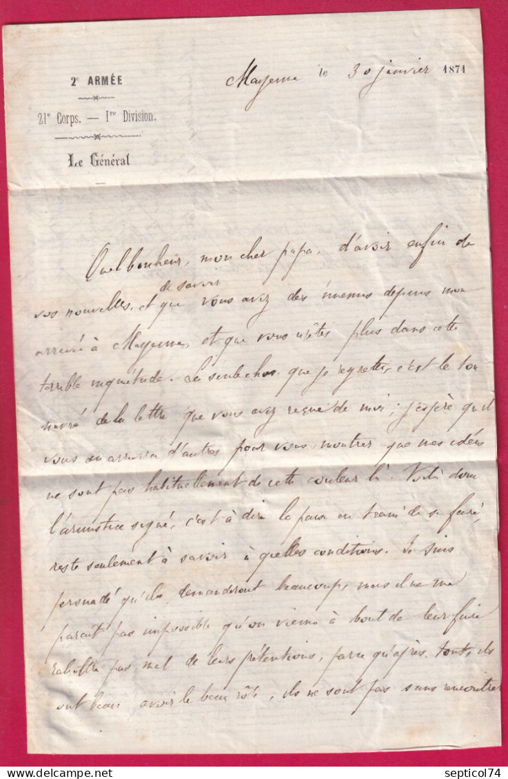 GUERRE 1870 2 CORPS 1ER DIVISION POSTES TEXTE DE MAYENNE LE GENERAL 30 JANVIER 1870 POUR CANISY MANCHE LETTRE - Guerre De 1870