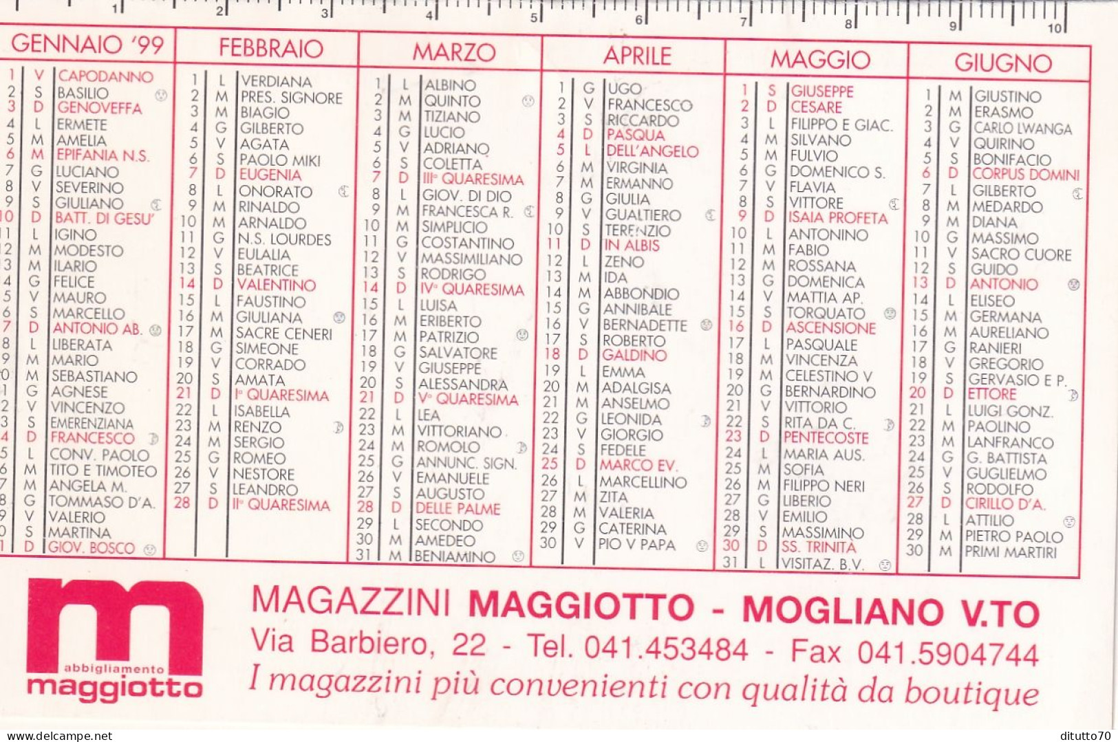 Calendarietto - Maggiotto - Abbigliamento - Anno 1999 - Formato Piccolo : 1991-00