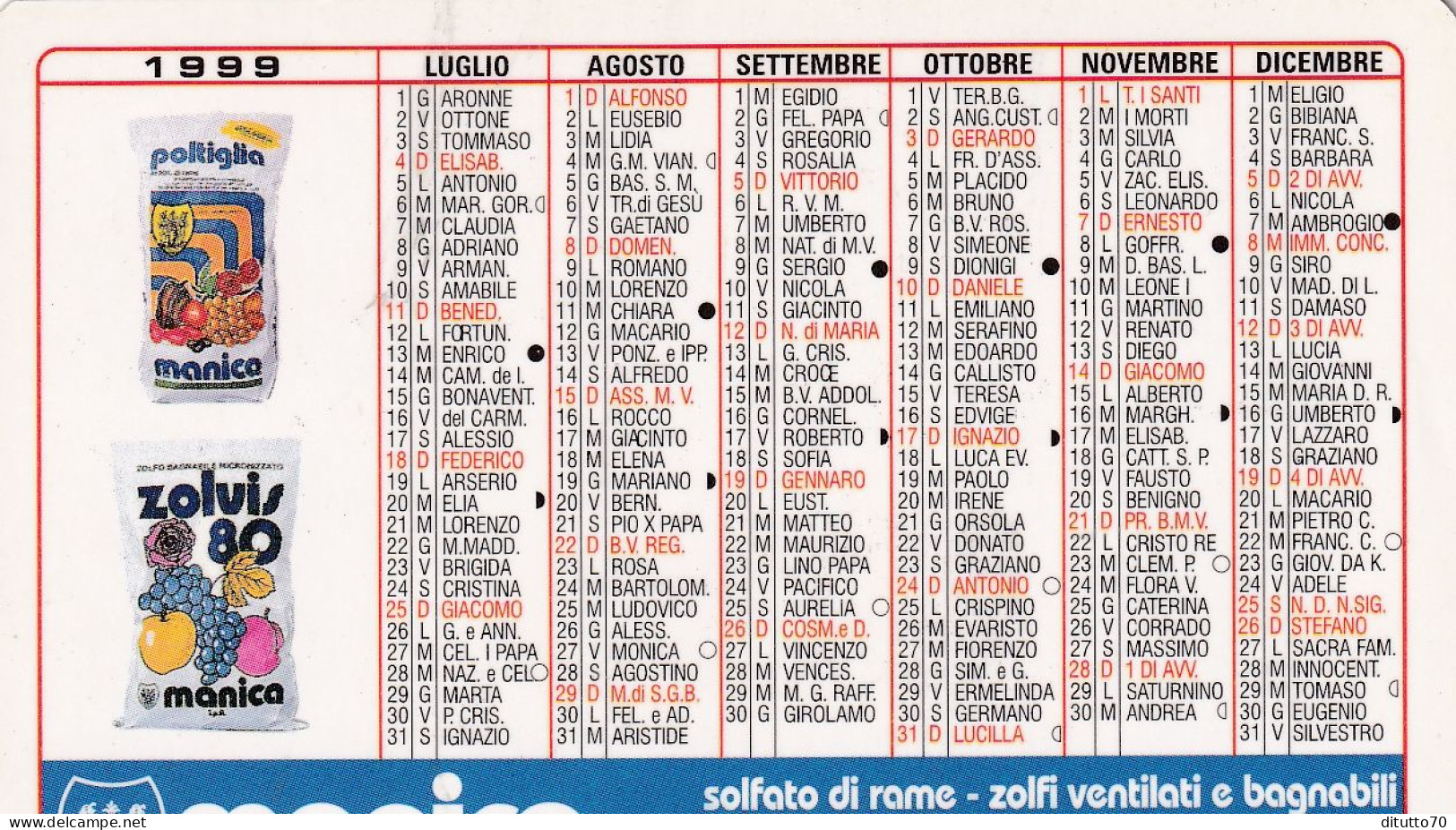 Calendarietto - Manica - Rovereto - Trento - Anno 1999 - Petit Format : 1991-00