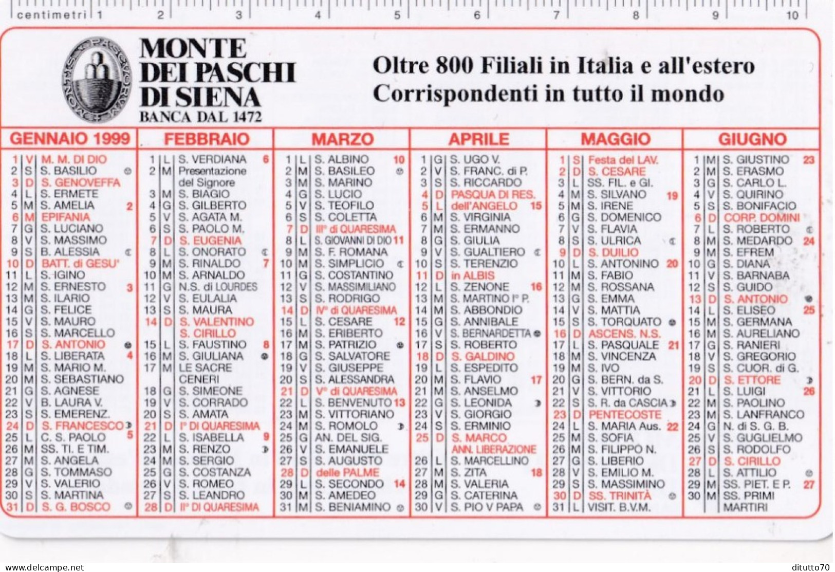 Calendarietto - Monte Dei Paschi Di Siena - Anno 1999 - Tamaño Pequeño : 1991-00