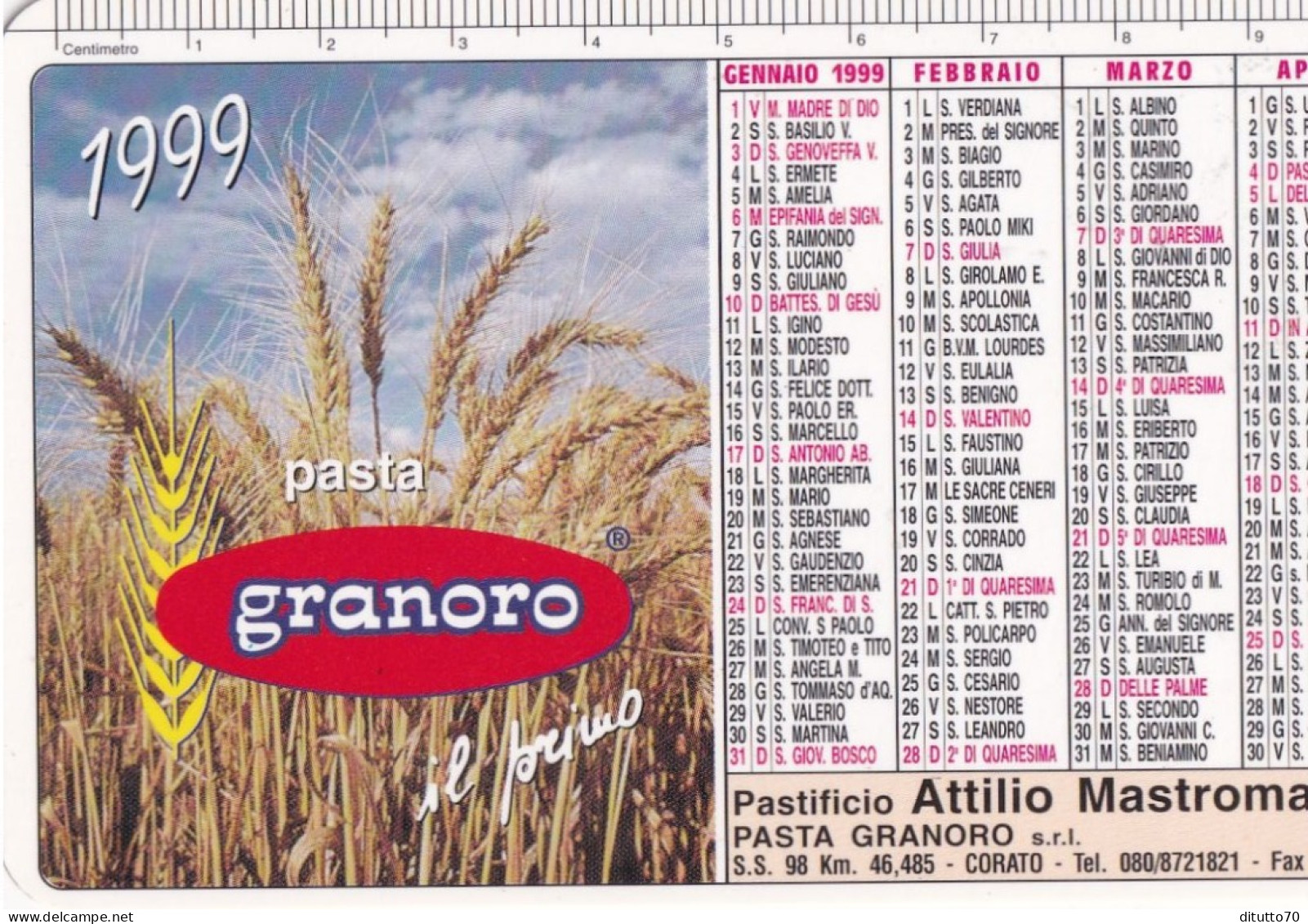 Calendarietto - Pasta Granarolo - Corato - Anno 1999 - Kleinformat : 1991-00