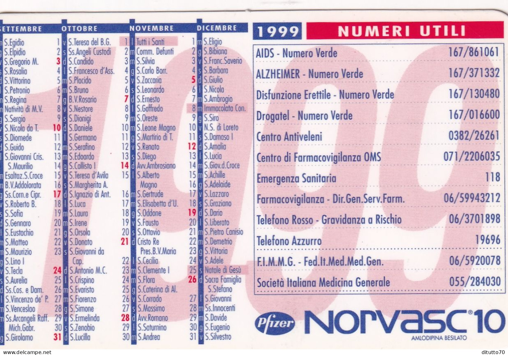 Calendarietto - Pfizer - Norvasc 10 - Anno 1999 - Small : 1991-00