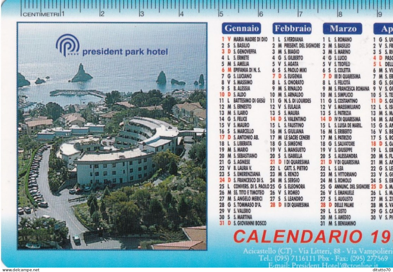 Calendarietto - Presidnt Park Hotel - Anno  1999 - Petit Format : 1991-00